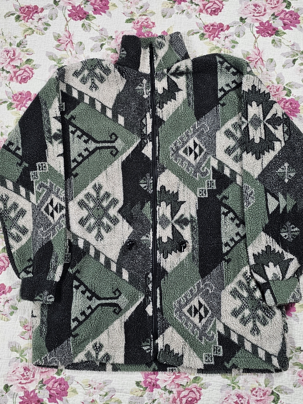 Vintage Womens Full Zip Fleece Jacket High Neck Geometric Green/Blk/Wht